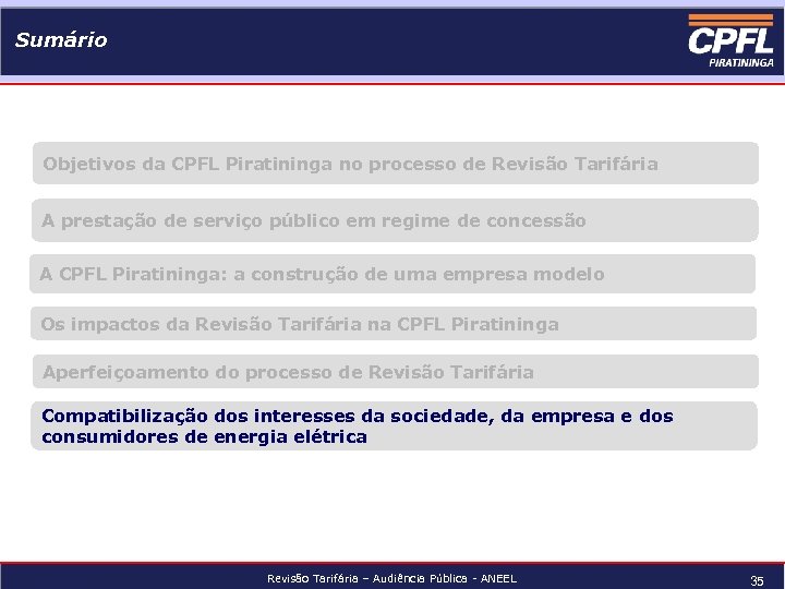 Sumário Objetivos da CPFL Piratininga no processo de Revisão Tarifária A prestação de serviço