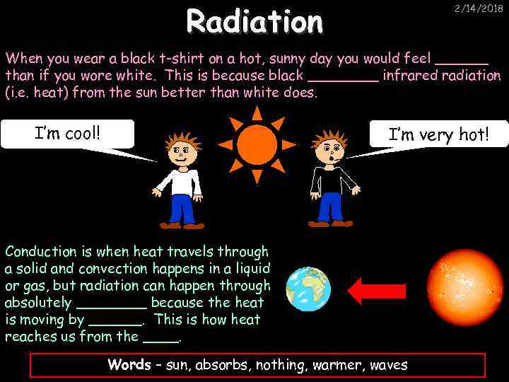 Radiation 2/14/2018 When you wear a black t-shirt on a hot, sunny day you