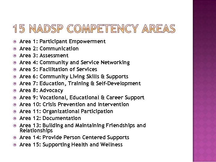  Area 1: Participant Empowerment Area 2: Communication Area 3: Assessment Area 4: Community