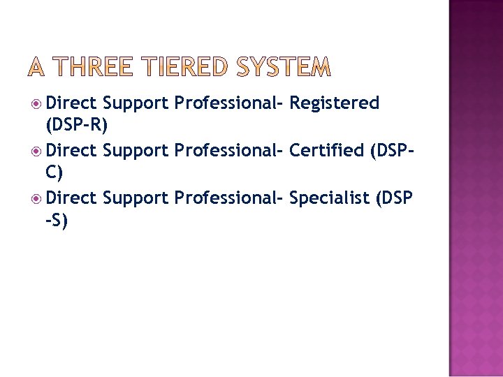  Direct Support Professional‐ Registered (DSP‐R) Direct Support Professional‐ Certified (DSP‐ C) Direct Support