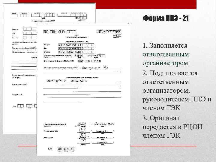 Форма ППЭ - 21 1. Заполняется ответственным организатором 2. Подписывается ответственным организатором, руководителем ППЭ