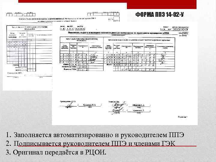 ФОРМА ППЭ 14 -02 -У 1. Заполняется автоматизированно и руководителем ППЭ 2. Подписывается руководителем