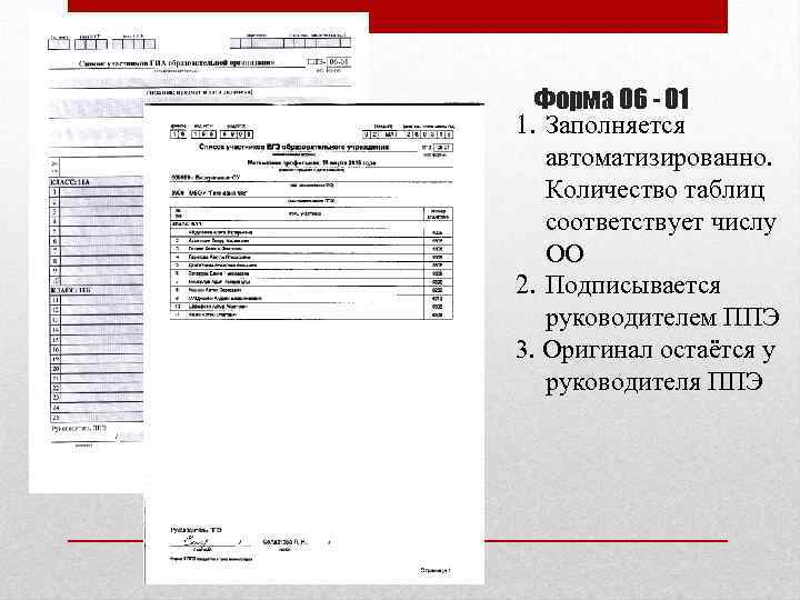 Форма 06 - 01 1. Заполняется автоматизированно. Количество таблиц соответствует числу ОО 2. Подписывается