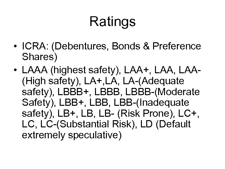 Ratings • ICRA: (Debentures, Bonds & Preference Shares) • LAAA (highest safety), LAA+, LAA(High