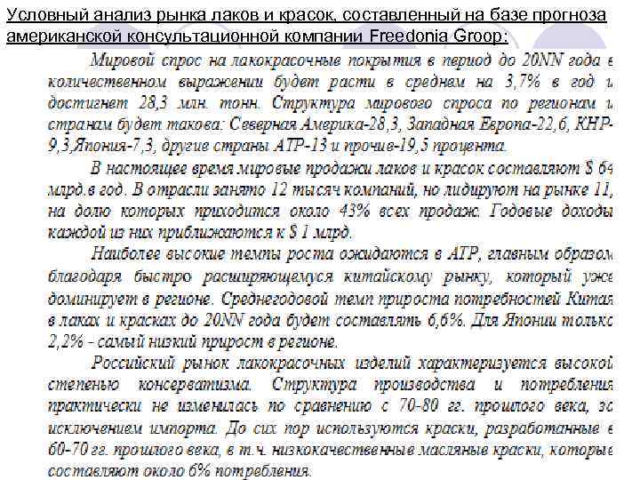 Условный анализ рынка лаков и красок, составленный на базе прогноза американской консультационной компании Freedonia