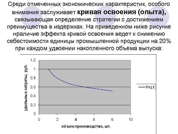 Среди отмеченных экономических характеристик, особого внимания заслуживает кривая освоения (опыта), связывающая определение стратегии с