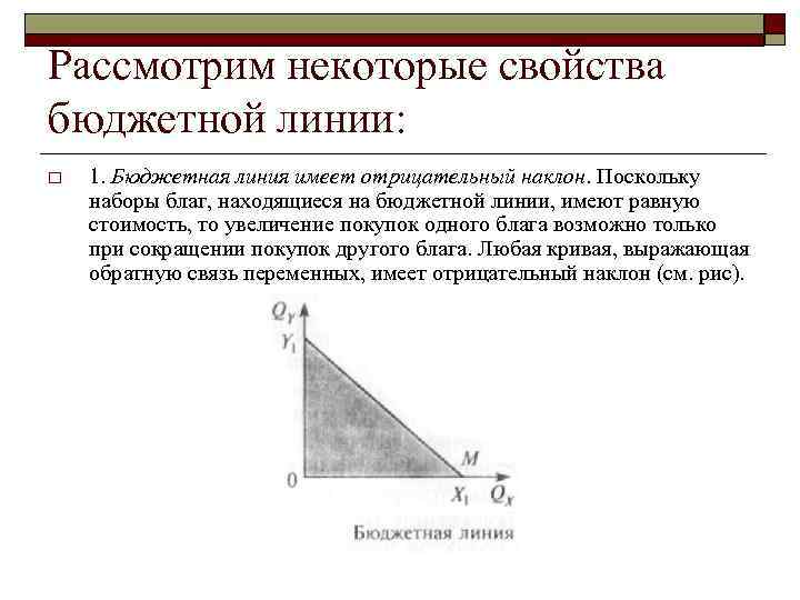 Рассмотрим некоторые свойства бюджетной линии: o 1. Бюджетная линия имеет отрицательный наклон. Поскольку наборы