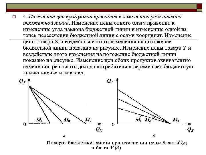 o 4. Изменение цен продуктов приводит к изменению угла наклона бюджетной линии. Изменение цены