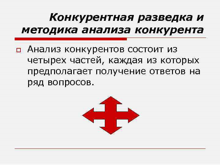 Конкурентная разведка и методика анализа конкурента o Анализ конкурентов состоит из четырех частей, каждая