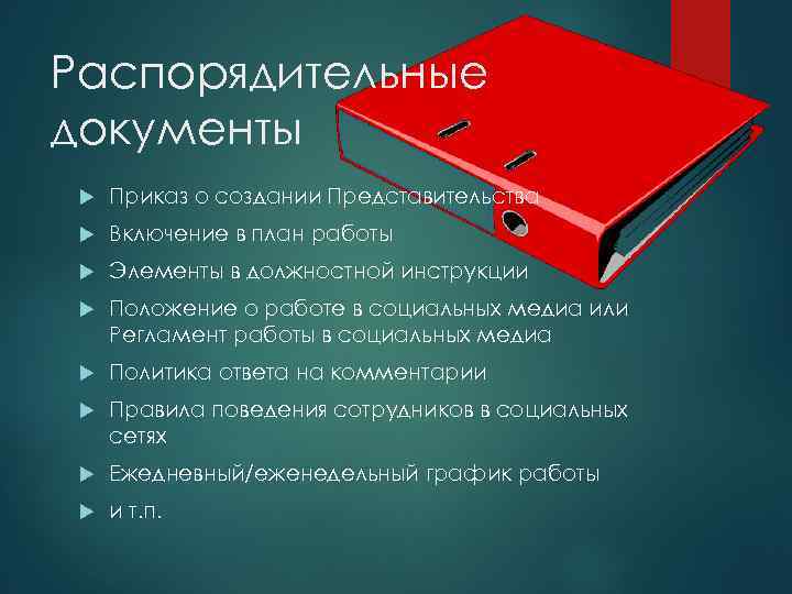 Распорядительные документы Приказ о создании Представительства Включение в план работы Элементы в должностной инструкции