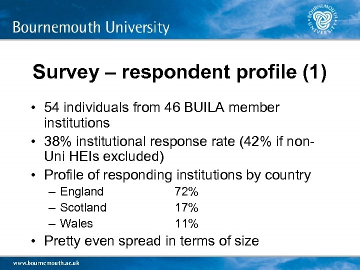 Survey – respondent profile (1) • 54 individuals from 46 BUILA member institutions •