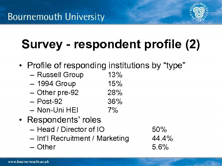 Survey - respondent profile (2) • Profile of responding institutions by “type” – –