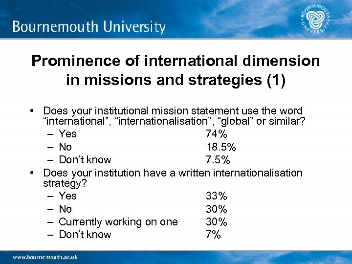 Prominence of international dimension in missions and strategies (1) • Does your institutional mission