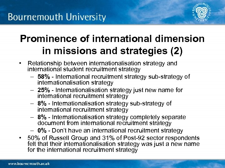 Prominence of international dimension in missions and strategies (2) • Relationship between internationalisation strategy