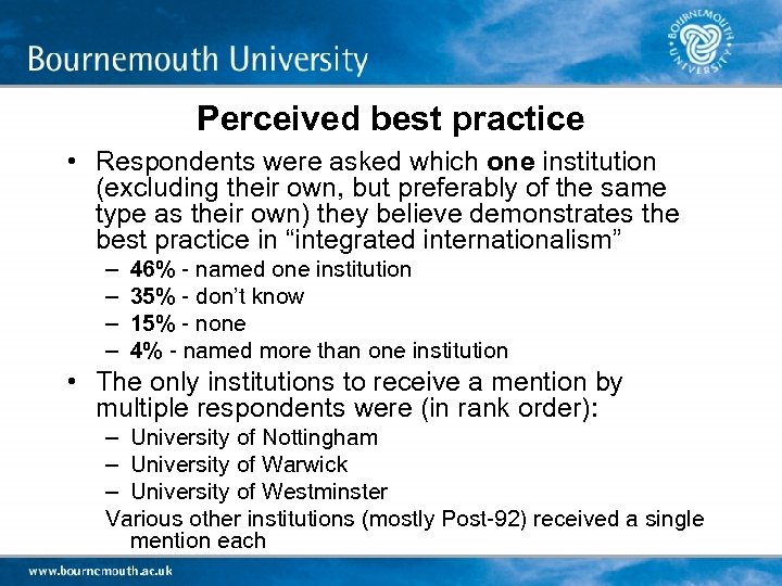 Perceived best practice • Respondents were asked which one institution (excluding their own, but