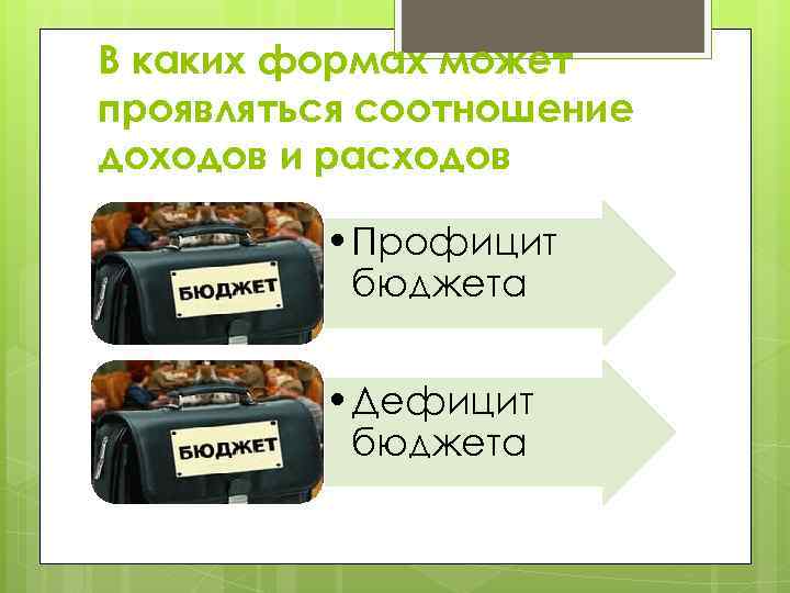 В каких формах может проявляться соотношение доходов и расходов • Профицит бюджета • Дефицит