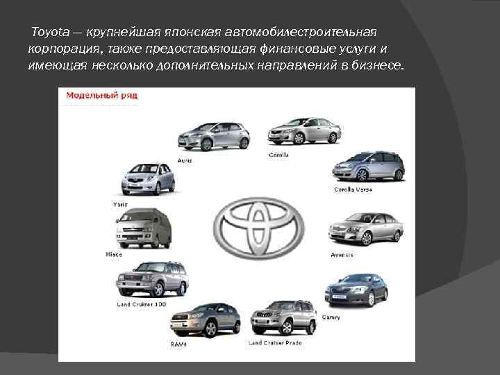 Toyota — крупнейшая японская автомобилестроительная корпорация, также предоставляющая финансовые услуги и имеющая несколько дополнительных