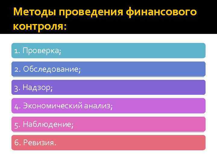 Методы проведения финансового контроля: 1. Проверка; 2. Обследование; 3. Надзор; 4. Экономический анализ; 5.