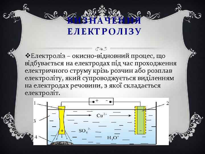 ВИЗНАЧЕННЯ ЕЛЕКТРОЛІЗУ v. Електроліз – окисно-відновний процес, що відбувається на електродах під час проходження
