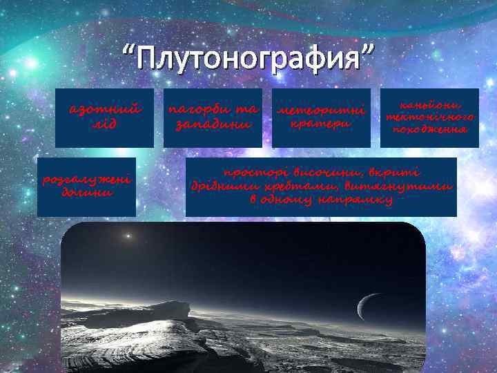 “Плутонография” азотний лід розгалужені долини пагорби та западини метеоритні кратери каньйони тектонічного походження просторі