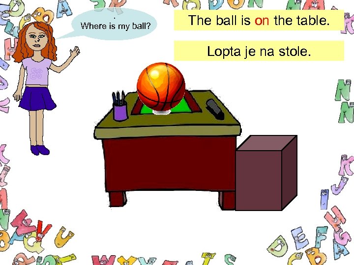 . Where is my ball? The ball is on the table. Lopta je na