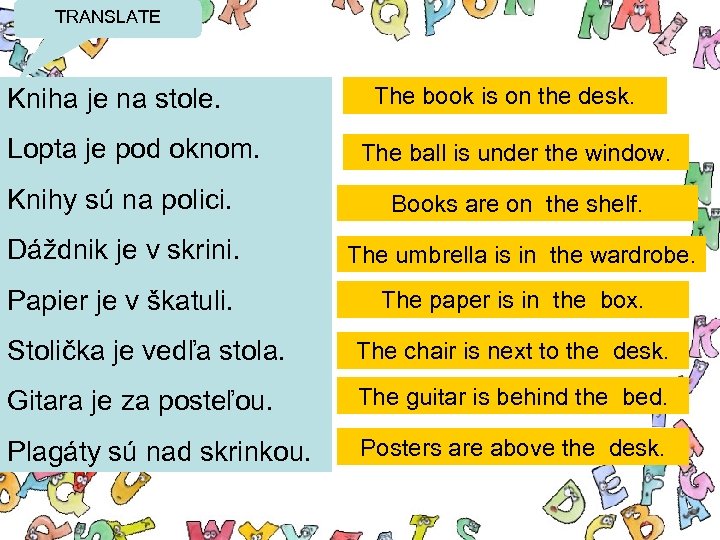 TRANSLATE Kniha je na stole. Lopta je pod oknom. The book is on the