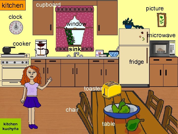 kitchen cupboard picture clock window microwave cooker sink fridge toaster chair kitchen kuchyňa table