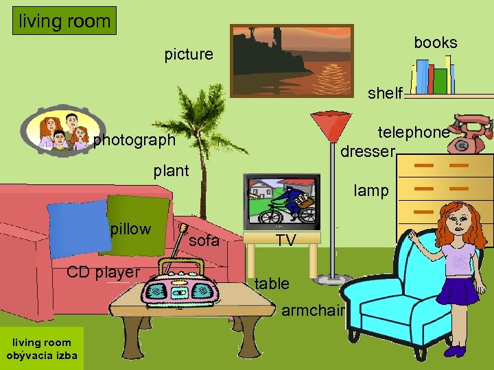 living room books picture shelf telephone dresser photograph plant lamp pillow CD player sofa