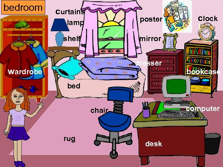 bedroom curtains poster lamp shelf clock mirror dresser wardrobe bookcase bed computer chair rug