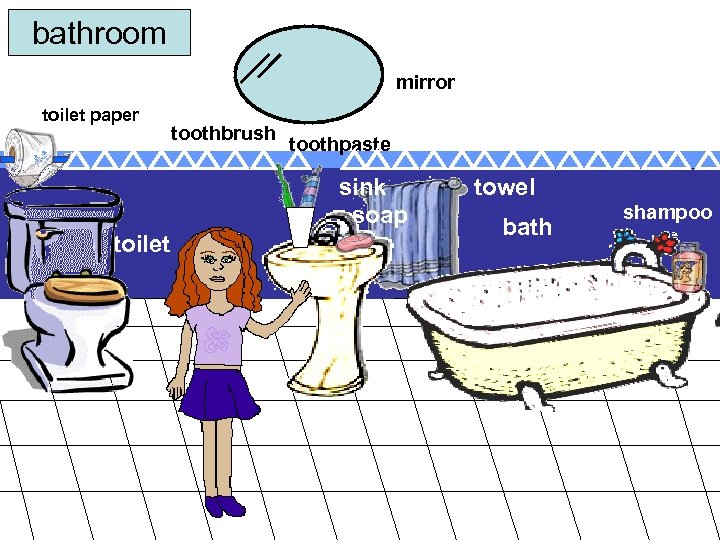 bathroom mirror toilet paper toothbrush toothpaste sink soap toilet towel bath shampoo 