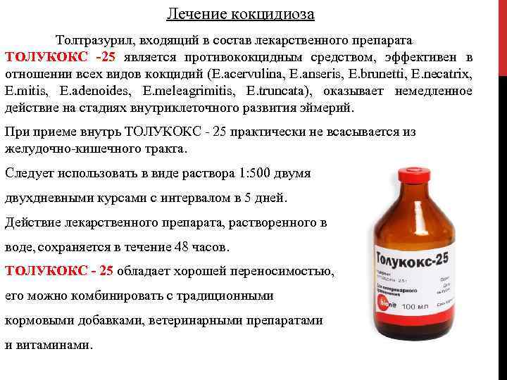 Лечение кокцидиоза Толтразурил, входящий в состав лекарственного препарата ТОЛУКОКС -25 является противококцидным средством, эффективен