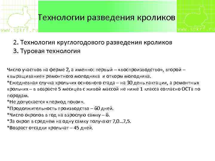 Технологии разведения кроликов 2. Технология круглогодового разведения кроликов 3. Туровая технология Число участков на