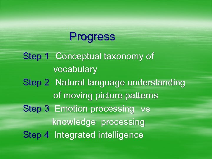 Progress Step 1　Conceptual taxonomy of 　　　　　vocabulary Step 2　Natural language understanding 　　　　　of moving picture patterns