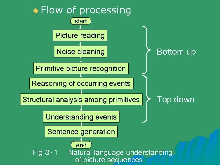 u Flow of processing start Picture reading Noise cleaning Bottom up Primitive picture recognition