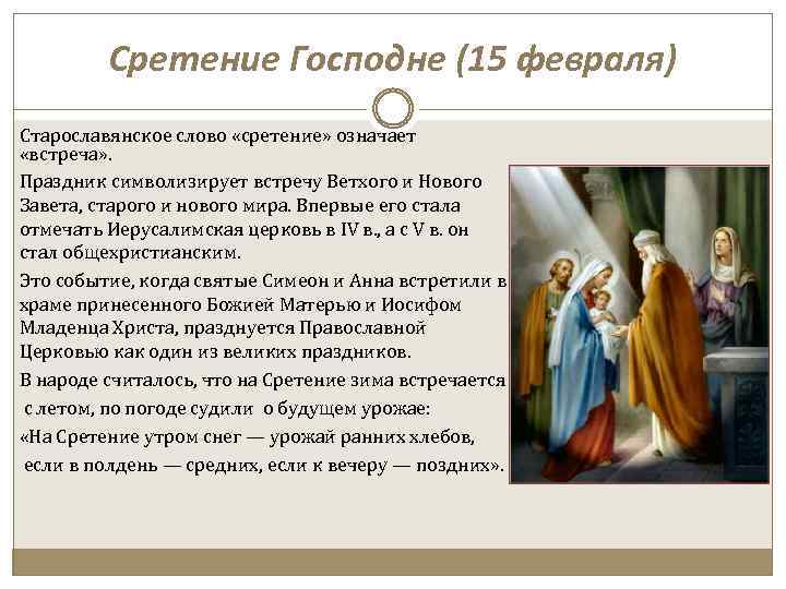 Сретение Господне (15 февраля) Старославянское слово «сретение» означает «встреча» . Праздник символизирует встречу Ветхого