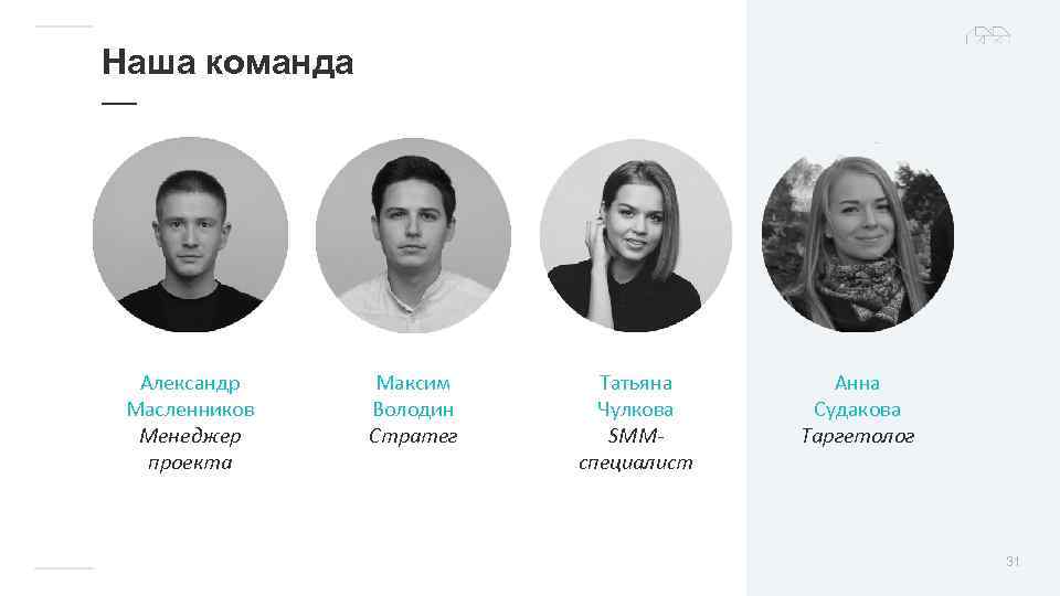 Наша команда — Александр Масленников Менеджер проекта Максим Володин Стратег Татьяна Чулкова SMMспециалист Анна