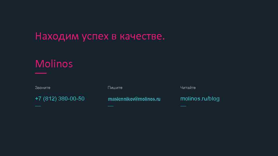 Находим успех в качестве. Обращайтесь Molinos — Звоните Пишите Читайте +7 (812) 380 -00