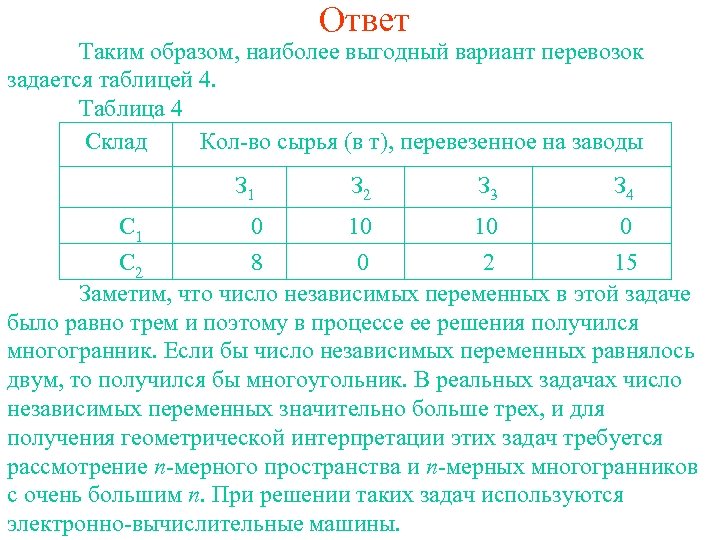 Ответ Таким образом, наиболее выгодный вариант перевозок задается таблицей 4. Таблица 4 Склад Кол