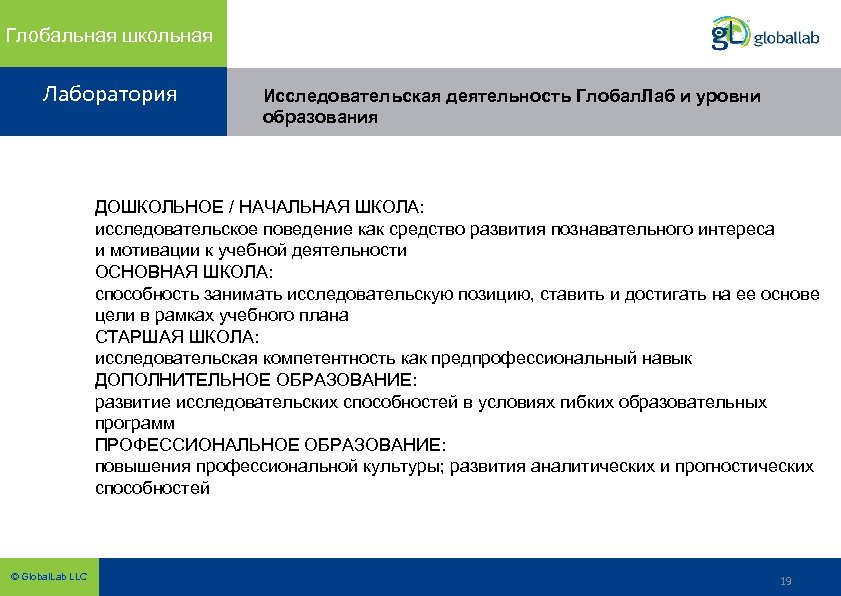 Глобальная школьная Лаборатория Исследовательская деятельность Глобал. Лаб и уровни образования ДОШКОЛЬНОЕ / НАЧАЛЬНАЯ ШКОЛА: