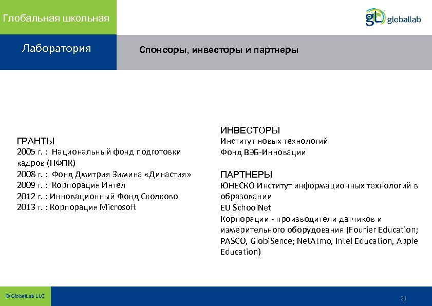 Глобальная школьная Лаборатория Спонсоры, инвесторы и партнеры ГРАНТЫ 2005 г. : Национальный фонд подготовки