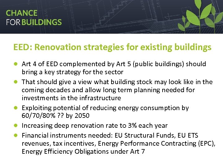 EED: Renovation strategies for existing buildings ● Art 4 of EED complemented by Art
