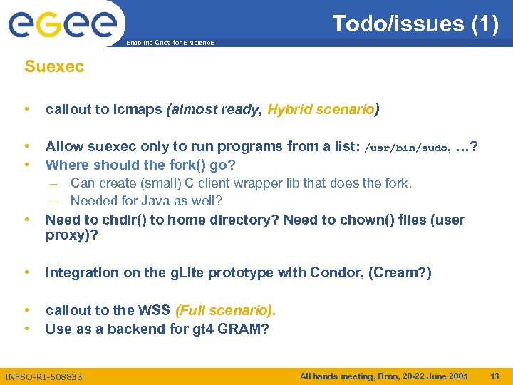 Todo/issues (1) Enabling Grids for E-scienc. E Suexec • callout to lcmaps (almost ready,