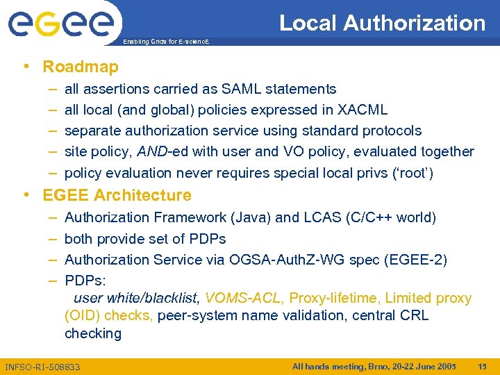 Local Authorization Enabling Grids for E-scienc. E • Roadmap – – – all assertions