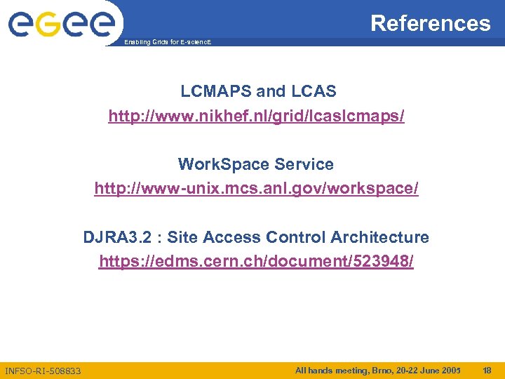 References Enabling Grids for E-scienc. E LCMAPS and LCAS http: //www. nikhef. nl/grid/lcaslcmaps/ Work.