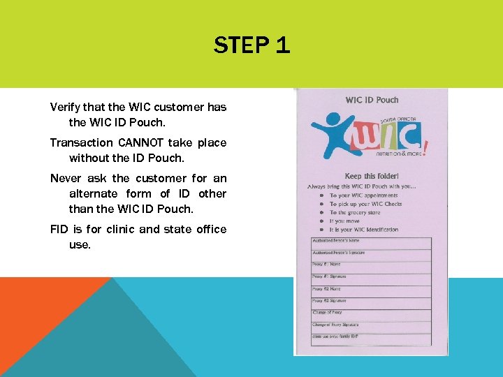 OTHER ELIGIBILITY CRITERIA STEP 1 Verify that the WIC customer has the WIC ID