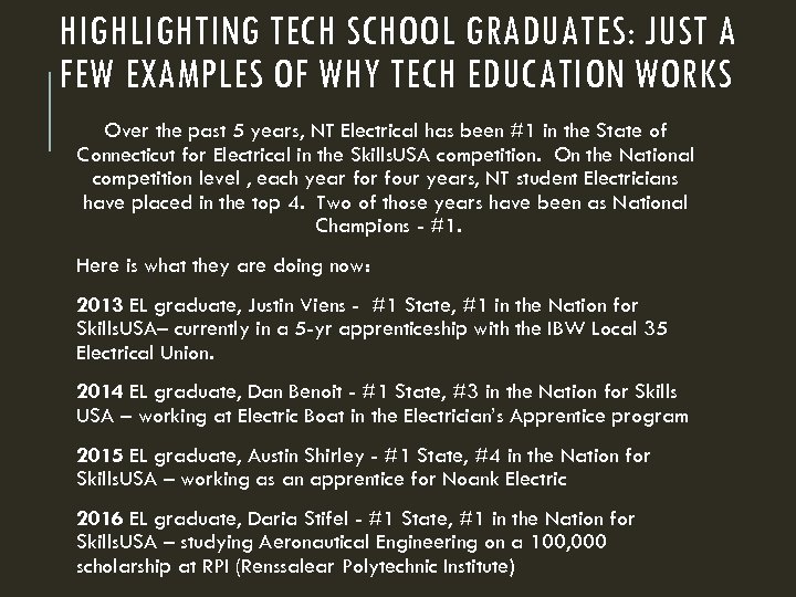 HIGHLIGHTING TECH SCHOOL GRADUATES: JUST A FEW EXAMPLES OF WHY TECH EDUCATION WORKS Over