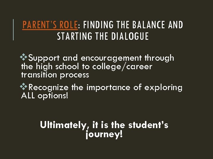 PARENT’S ROLE: FINDING THE BALANCE AND STARTING THE DIALOGUE v. Support and encouragement through