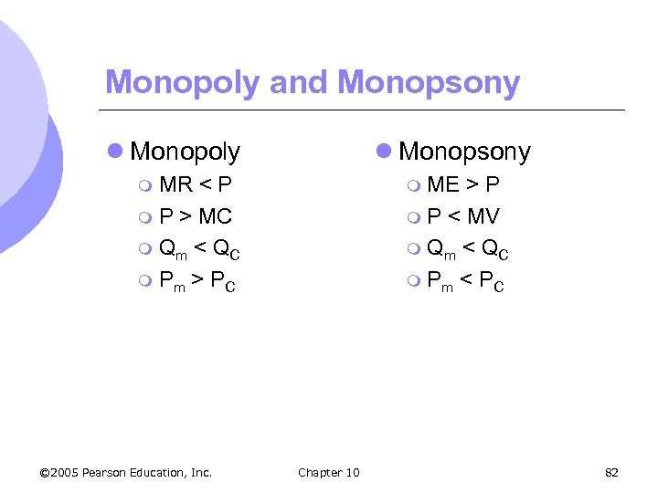 Monopoly and Monopsony l Monopoly l Monopsony MR < P m P > MC