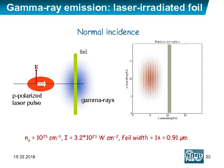 Gamma-ray emission: laser-irradiated foil Normal incidence foil E p-polarized laser pulse gamma-rays ne =