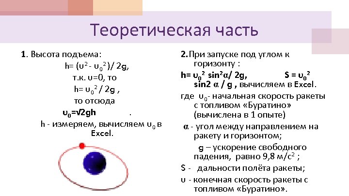 Теоретическая часть 1. Высота подъема: h= (υ2 - υ02 )/ 2 g, т. к.